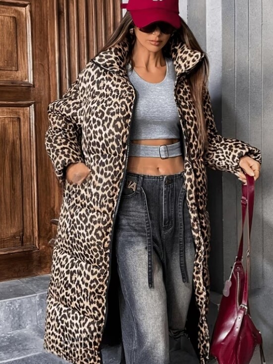 Jackets & Blazers - Leopard Print Long Puffer Coat - Brown